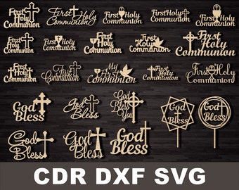 Baptism cake topper svg, God bless sign, Holy communion cake topper, Vector for CNC, Cake topper laser cut, Custom cake topper svg dxf cdr