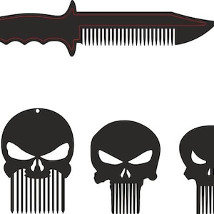 May include: Three black skull-shaped combs with a comb design on the bottom. The top skull is larger than the other two. The top skull has a hole at the top.  A black comb shaped like a knife with a handle.