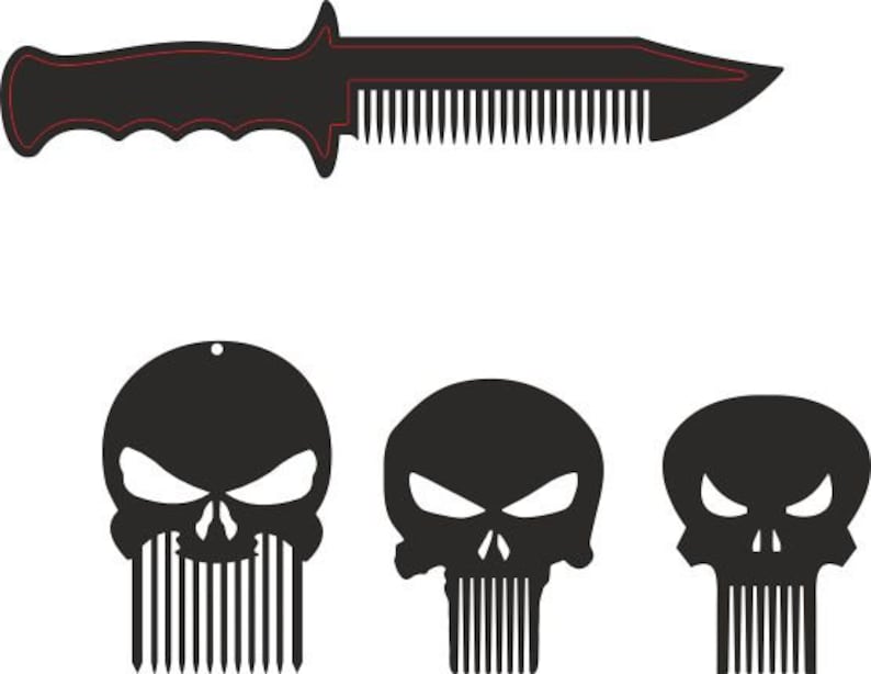 May include: Three black skull-shaped combs with a comb design on the bottom. The top skull is larger than the other two. The top skull has a hole at the top.  A black comb shaped like a knife with a handle.