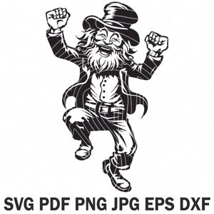 St Patricks Day Black and White Vector Svg Files with Dancing and Smiling Leprechaun For T-shirt Printing Engrave Tumbler Design Svg Pdf Png