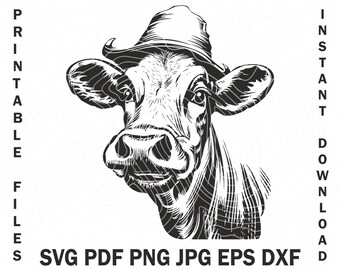 Svg vector design of farm Cow in a hat | Cow Hat Svg | Dairy Cow Dxf Design | Lightburn Cow head svg engraving design | Cow Face Muzzle Png