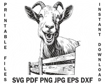 Op de afbeelding: Een zwart-witte lijntekening van een geit die over een houten hek kijkt. De geit heeft een brede, tanden glimlach en zijn hoorns zijn zichtbaar.