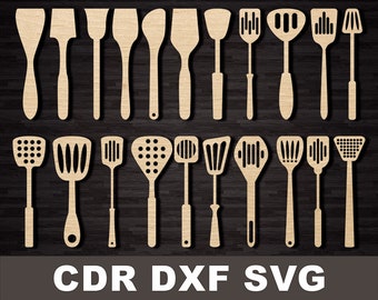 DXF Spatulas silhouettes, kitchen decor cdr, dxf Laser cutting kit, vector file, Wooden spatula for kitchen woodworking baking decor cnc