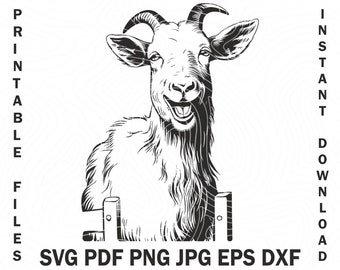 Smiling Funny Goat Svg for Shirt Design, Glowforge Pdf Files Cute farm Animal Clipart, farmhouse sign goat near Fence vector printable shirt