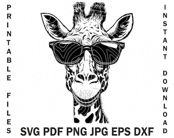 Pode incluir: Ilustração em preto e branco de uma girafa usando óculos de sol. A girafa está olhando diretamente para o espectador. A imagem é um download digital.