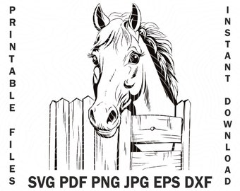 Ferme souriant furtivement cheval au-dessus de la clôture SVG, stickers animaux de la ferme T-Shirt pochoir vinyle autocollant graphique impression fichier Clipart vectoriel numérique