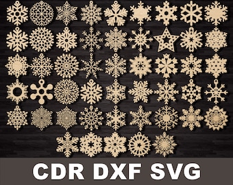 Set of 50x svg Christmas Laser Snowflake Ornaments, CNC Laser Cut Wood Decor, Christmas room decoration, snowflake earrings idea dxf cutting