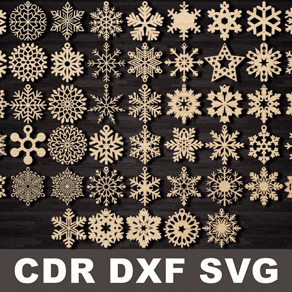 50x SVG Weihnachten Laser Schneeflocken Ornamente, CNC Laser Cut Holz Dekor, Weihnachtszimmer Dekoration, Schneeflocken Ohrringe Idee dxf Schneiden