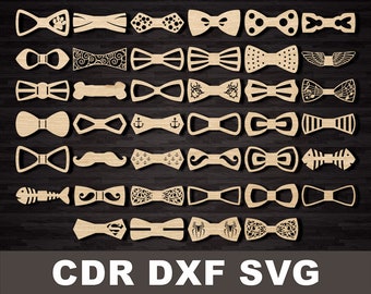May include: A collection of 30 different bow tie designs, each with a unique pattern or shape. The designs include a paw print, a bone, an anchor, a mustache, a fish, a spider, and more. The bow ties are made of wood and are perfect for crafting projects.