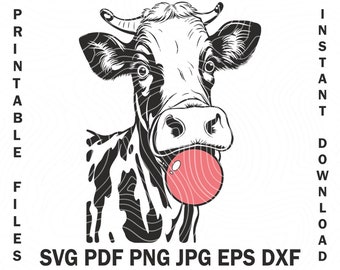 Vache Svg soufflant du chewing-gum, tête de vache avec chewing-gum Svg Png Dxf, fichiers à graver, conception drôle de vache pour impression, vache mignonne DXF