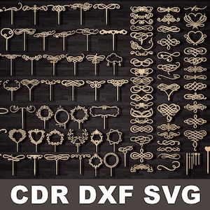 Svg cake topper elements bundle for wedding or birthday, Vector for CNC cricut silhouette studio cut file cake topper frame insert your text