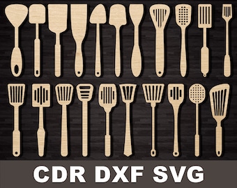 Kitchen spatula  set vector template Cnc cutting file, silhouette for laser machine. Woodworking plans cdr, dxf, svg files instant download.