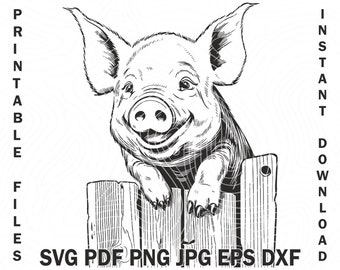 Black and White Svg Farm Pig Vector Design for T-shirt printing, Pig Svg files for glowforge, Piglet clipart, livestock vector download png