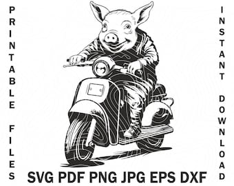 Smiling Pig on Scooter SVG, Png Pig on Motobike, Stylish Designs for Urban Commuters Motorcycle Digital File, Vehicle Clipart Png Dxf