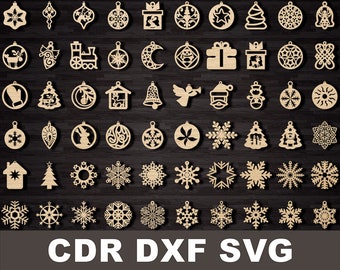 60 Cnc Christmas Tree Toy Snowflakes ornament, Bundle Vector cdr dxf svg for laser cut, Plasma Glowforge Cricut Silhouette digital files