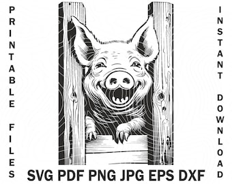 Fattoria che sbircia maiale Svg Vector Clipart / File di stampa animale del fienile / Idea di arredamento del negozio di carne di maiale / Design di t-shirt vita agricola / Carne Faming Dxf Eps Cdr Png