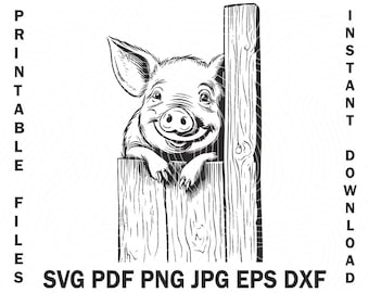 Mignon petit cochon souriant furtivement Dxf Svg cochon derrière la grange ferme cochon Svg Dxf Png porcs Clipart impression fichiers pour Glowforge Pdf Dxf Cdr