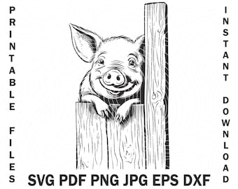 かわいい笑顔の豚が覗いている SVG DXF かわいい子豚 納屋の後ろにいる豚 農場の豚 SVG DXF PNG 豚のクリップアート 印刷ファイル Glowforge Pdf DXF CDR