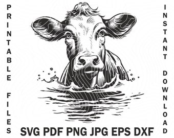 Black and white svg vector farm funny COW in the water design, cattle vector graphic png laser engraving files digital design, Glowforge