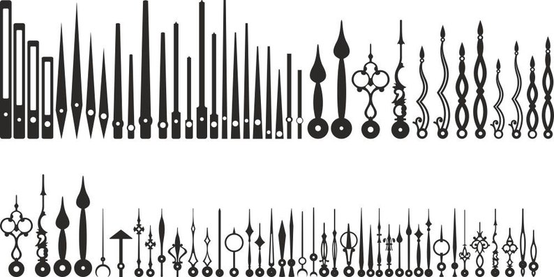 May include: A large collection of clock hands in various styles and sizes. The hands are black and are made of metal. The hands are arranged in two rows. The top row has a variety of hands, including some with decorative designs. The bottom row has a variety of hands, including some with pointed tips and some with rounded tips.