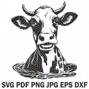 May include: Black and white illustration of a cow's head with a smiling expression, partially submerged in water. The cow has a spotted pattern and large ears. The water is depicted with swirling lines.