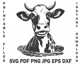 Svg vector farm COW in the river design, calf face, cdr, pdf, svg, dxf, jpg, svg cow, Art Print graphical image of funny heifer svg muzzle