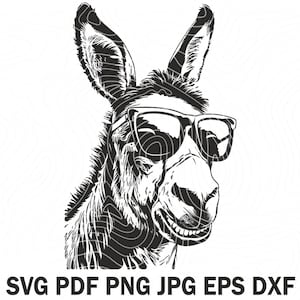 May include: Black and white illustration of a donkey wearing sunglasses. The donkey is looking to the right and has a happy expression on its face.