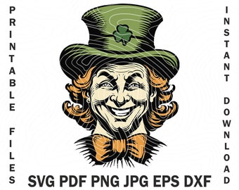 Svg Laughing Irish Man in Hat Face Svg Shamrock St Patrick's Day Art Design Engraving Clipart Design Lucky Clover Charm Funny Svg Pdf Dxf