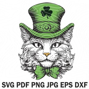 May include: A black and white illustration of a cat wearing a green leprechaun hat with a shamrock on top. The cat is wearing a green bow tie.