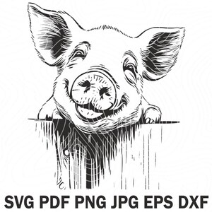 May include: A black and white illustration of a smiling pig. The pig is peeking over a ledge. The image includes the text "PRINTABLE FILES" and "INSTANT DOWNLOAD" along the sides, and "SVG PDF PNG JPG EPS DXF" at the bottom.