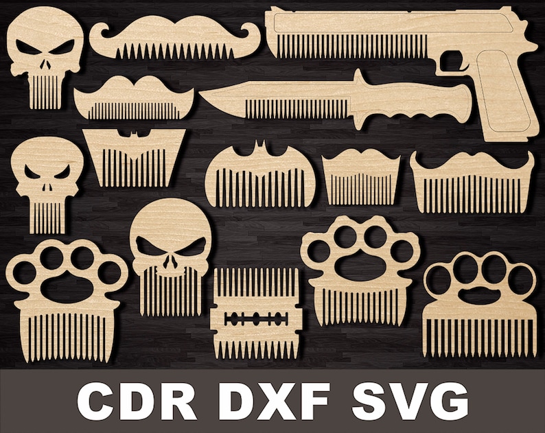 May include: A set of 12 laser cut wooden comb designs, including a skull, a mustache, a gun, a knife, a razor, and a knuckle duster. The combs are all made of wood and have a natural finish.  CDR DXF SVG