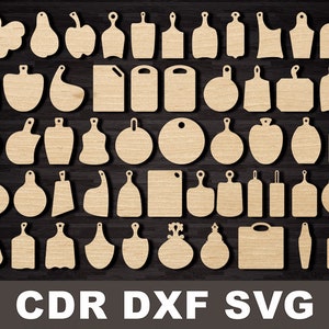May include: A set of 40 wooden cutting board shapes, including circles, ovals, hearts, and more. The shapes are all made of natural wood and have a rustic look.  CDR DXF SVG