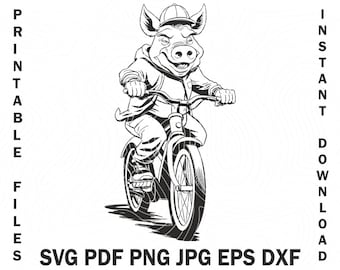 Cute Pig Ride on a Bicycle Svg, Bicycle Rider Clipart, Pig Cycling Cute SVG Bundle, PNG Funny Pig Hand Drawn bicicletta a tema Pig Vector Dxf