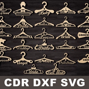 Wedding hangers set, Laser cut template, Lettering hangers svg. Cnc cutting file dxf, cdr, svg vector bride hanger files, hanger template