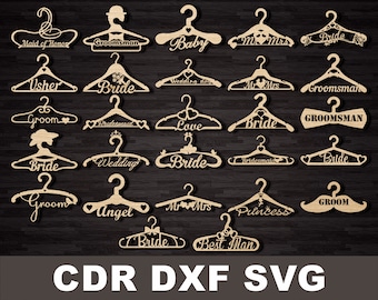 Juego de perchas de boda, Plantilla de corte láser, Perchas de letras svg. Archivo de corte cnc dxf, cdr, svg vector bride hanger files, hanger template