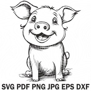 Zwart-wit vector varken cartoon SVG-bestanden | Lachend schattig varken png | Baby boerderijdieren SVG | Baby varken SVG | Varken Png | Afdrukken van dierlijke SVG