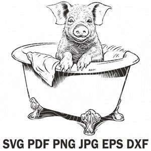 Gris i badkar med bubblor SVG silhuett Clipart, grisbad badrum dekal, gårdsdjur, kommersiellt bruk, digital nedladdning