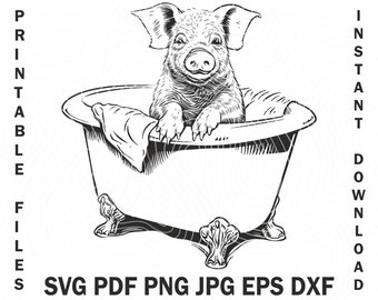 Pig In Bathtub With Bubbles SVG Silhouette Clipart, Pig Bath Bathroom Decal, Farm Pet, Commercial Use, Digital Download