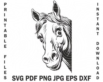 Cute smiling horse peeking around the corner. Curious Horse SVG, Peeking Horse Print file - Funny Animal cut file png, dxf vector clipart