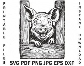 Il maiale sorridente sta guardando attraverso una fessura nel recinto. Illustrazione vettoriale di maiale da fattoria, download istantaneo PNG, SVG, stampa a sublimazione EPS su richiesta