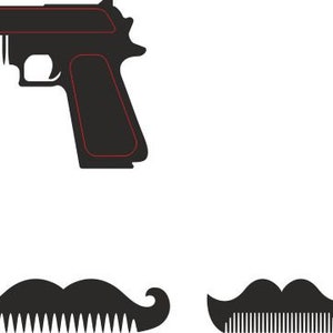 May include: A black silhouette of a gun with a comb design on the barrel. Below are three black silhouettes of mustaches and a beard, all with comb designs.