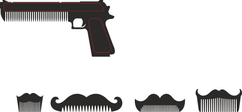 May include: A black silhouette of a gun with a comb design on the barrel. Below are three black silhouettes of mustaches and a beard, all with comb designs.