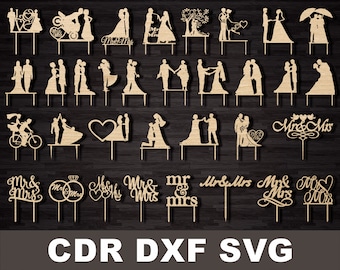 Wedding Cake Topper svg, CNC Bride And Groom Cake Topper for laser machine, Mr & Mrs Couple Cake Topper Custom Cake Topper Cricut Silhouette