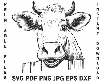 Cute Cow Behind Fence SVG Vector Design | Calf Head AI Png | Art Print & Download | Heifer Muzzle Svg | Wooden Yard Dxf for Farming Decor