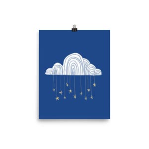 May include: A white cloud with a blue background and gold stars hanging from it. The cloud is drawn in a simple, whimsical style.