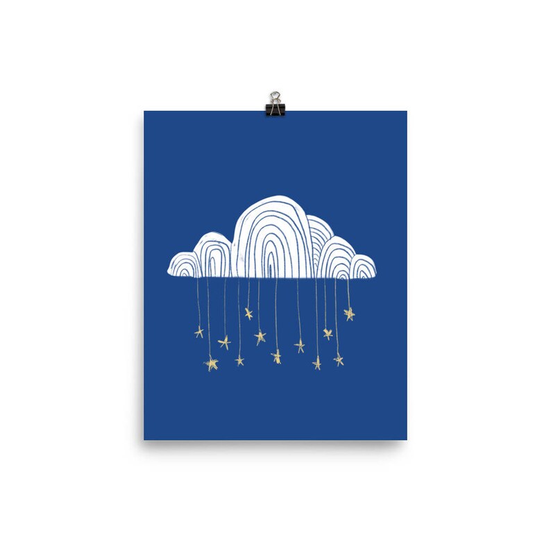 May include: A white cloud with a blue background and gold stars hanging from it. The cloud is drawn in a simple, whimsical style.