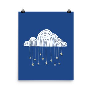 May include: A white cloud with a blue background and gold stars hanging from it. The cloud is drawn in a simple, whimsical style.
