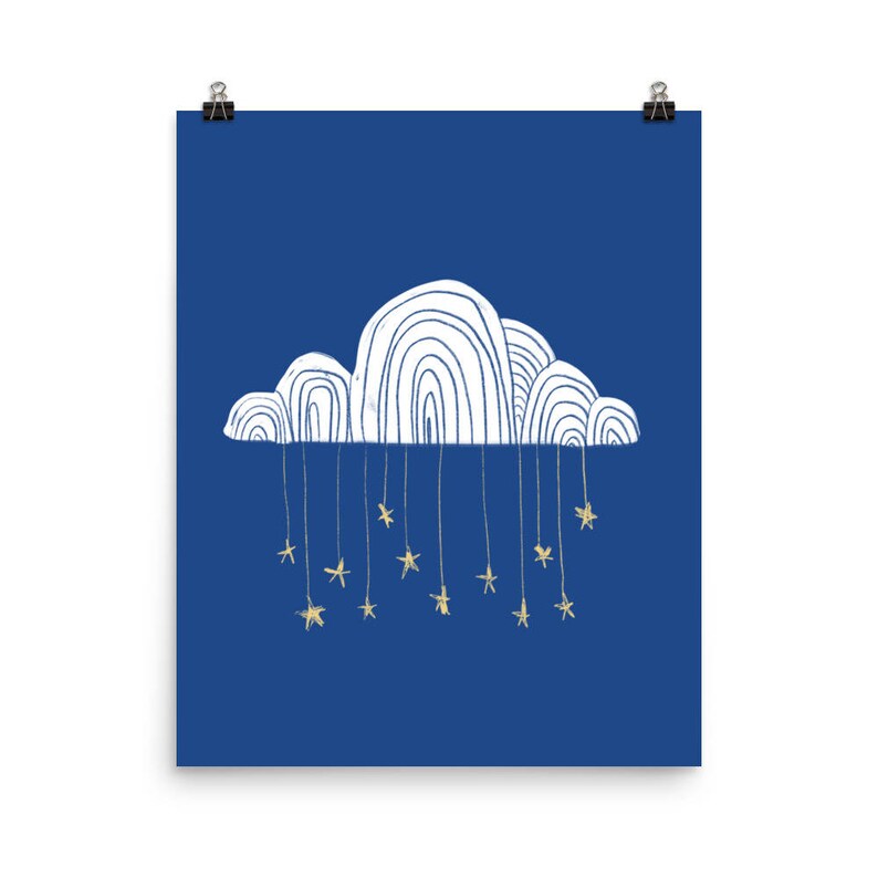 May include: A white cloud with a blue background and gold stars hanging from it. The cloud is drawn in a simple, whimsical style.