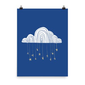 May include: A white cloud with a blue background and gold stars hanging from it. The cloud is drawn in a simple, whimsical style.