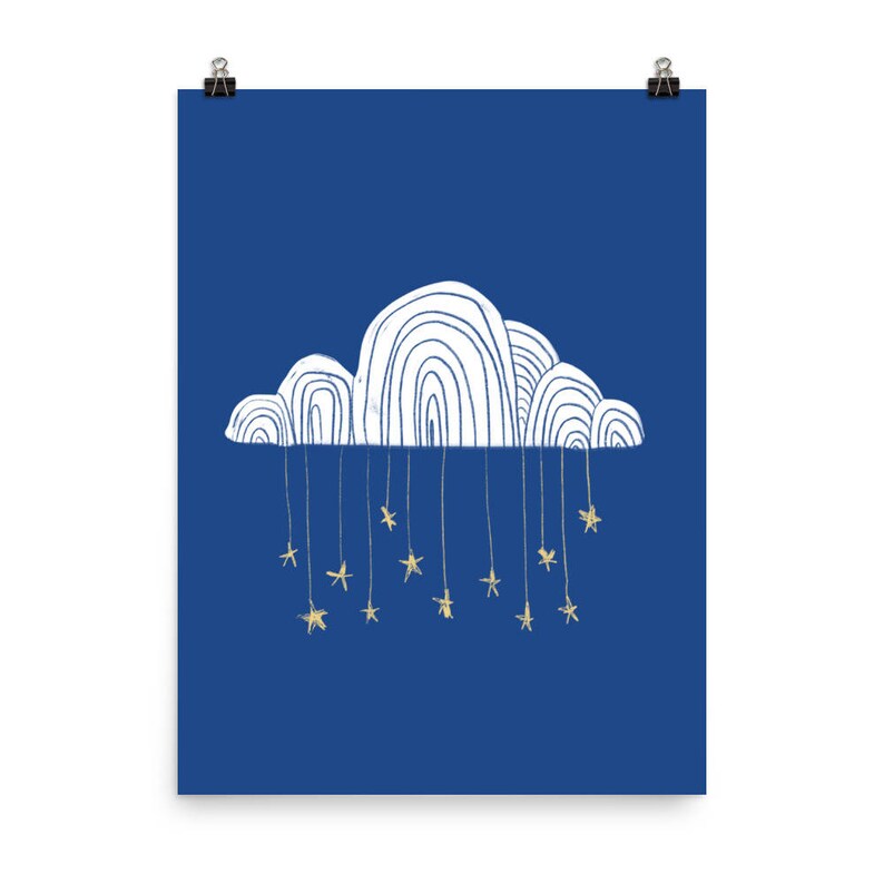 May include: A white cloud with a blue background and gold stars hanging from it. The cloud is drawn in a simple, whimsical style.